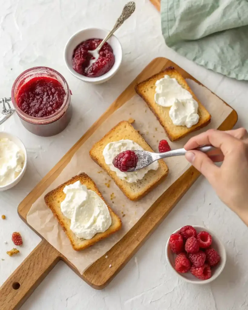 spreading keto cream cheese and jam on toast