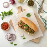 Overhead styled recipe card shot of Buona Beef Tuna Genovese copycat sandwich on parchment paper with ingredients arranged around it, natural lighting