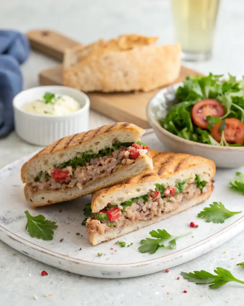 : Plated Buona Beef Tuna Genovese copycat sandwich cut in half to show tuna and onion filling, with parsley garnish and fresh salad on the side
