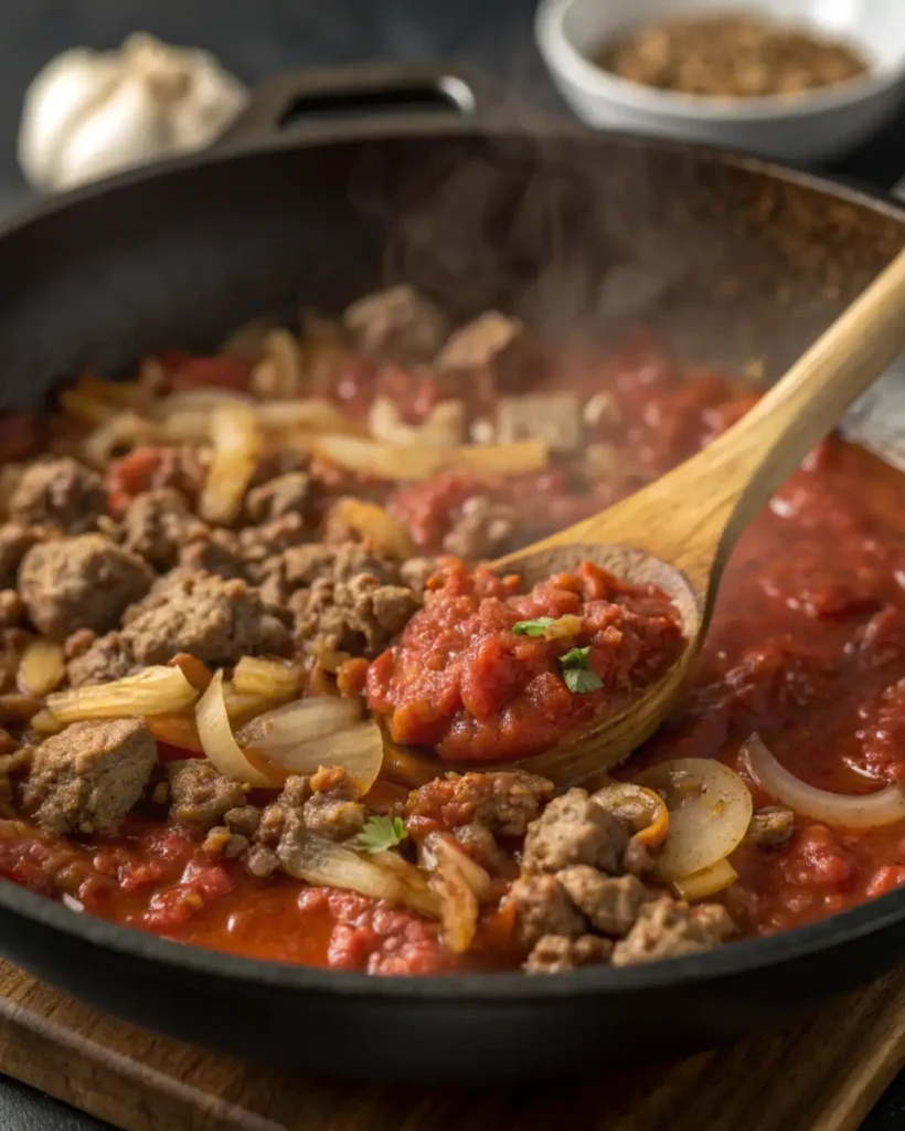 Cooking meat sauce for San Giorgio lasagna recipe