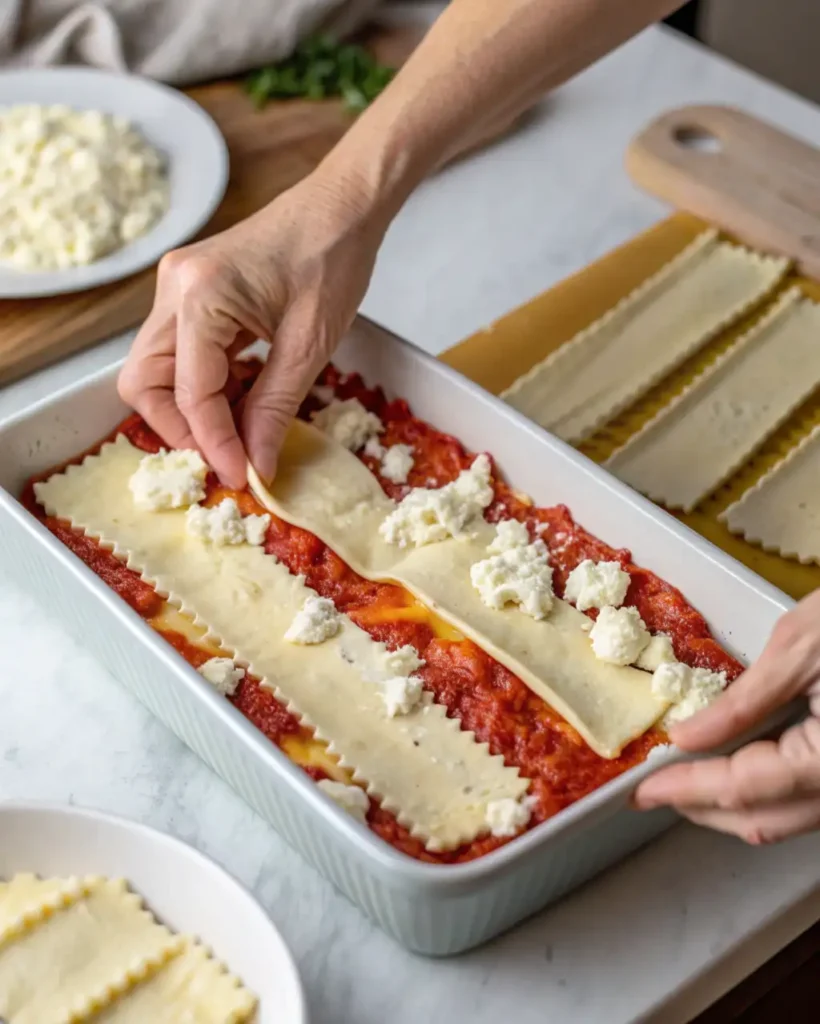 Layering San Giorgio lasagna recipe noodles