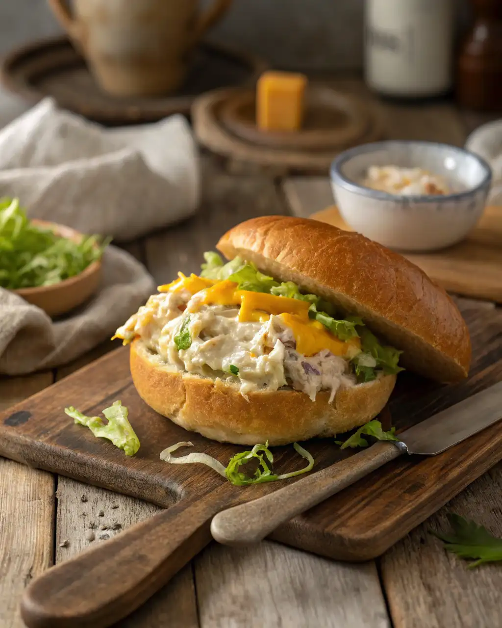 Buffalo tuna bun copycat sandwich on rustic table