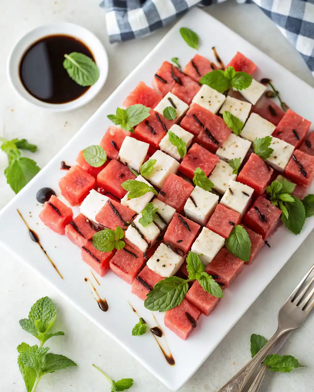 Watermelon feta checkerboard salad on white platter