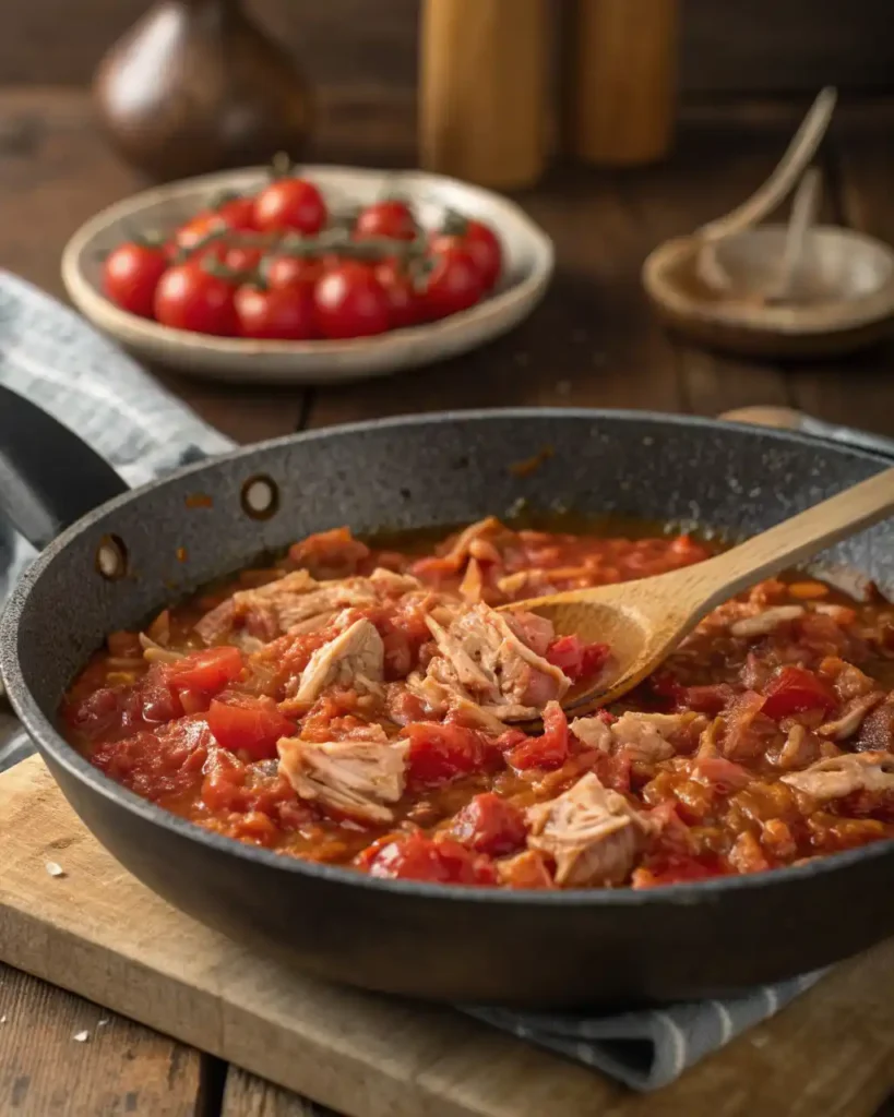 Ultra-realistic close-up of tuna and tomato paste mixed with caramelized onions in a rustic skillet for Buona Beef Tuna Genovese copycat recipe