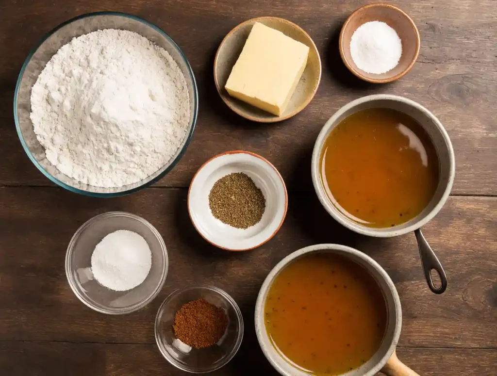 : Ingredients for Popeyes gravy recipe on a wooden table