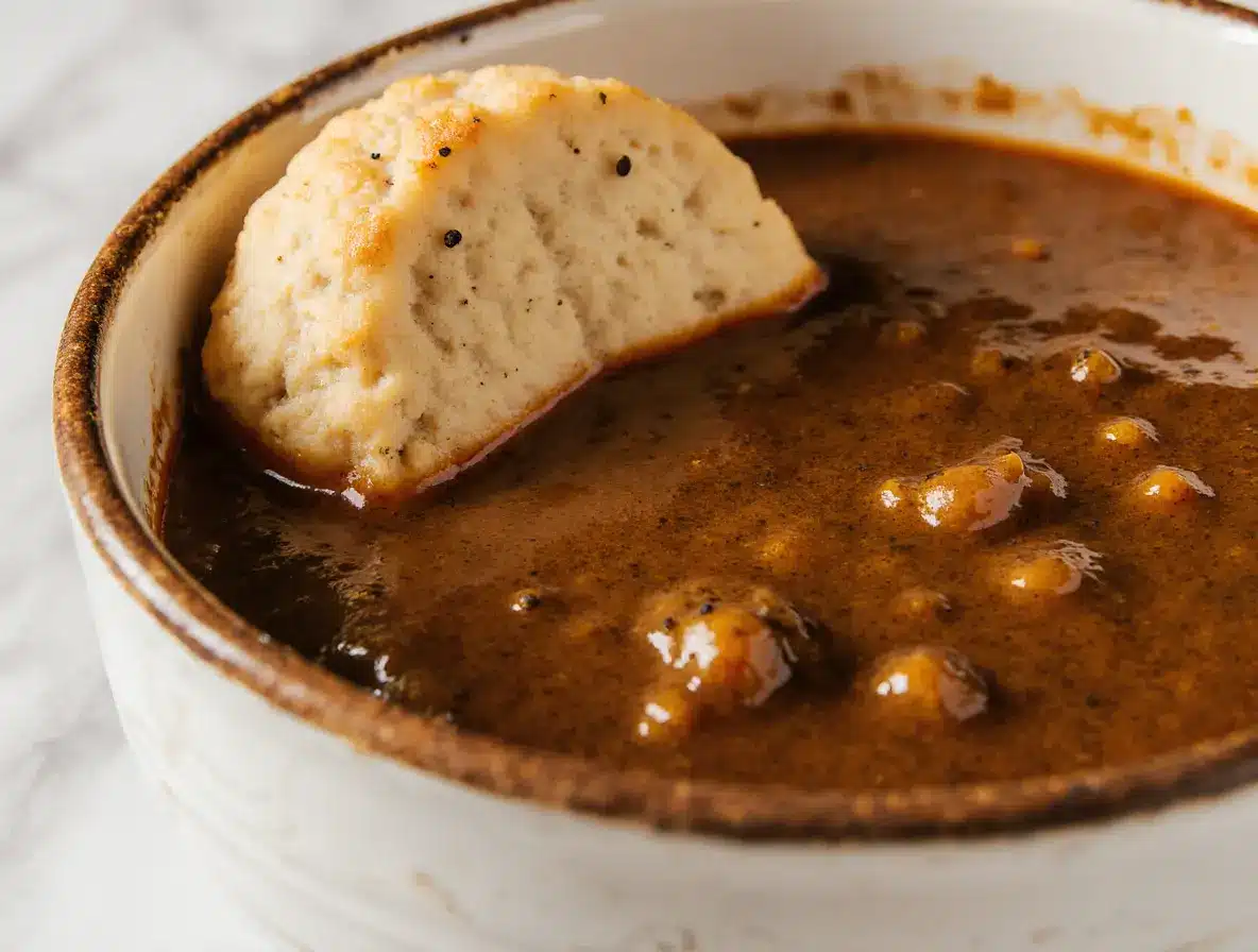 Popeyes gravy recipe in a white ceramic bowl with biscuit