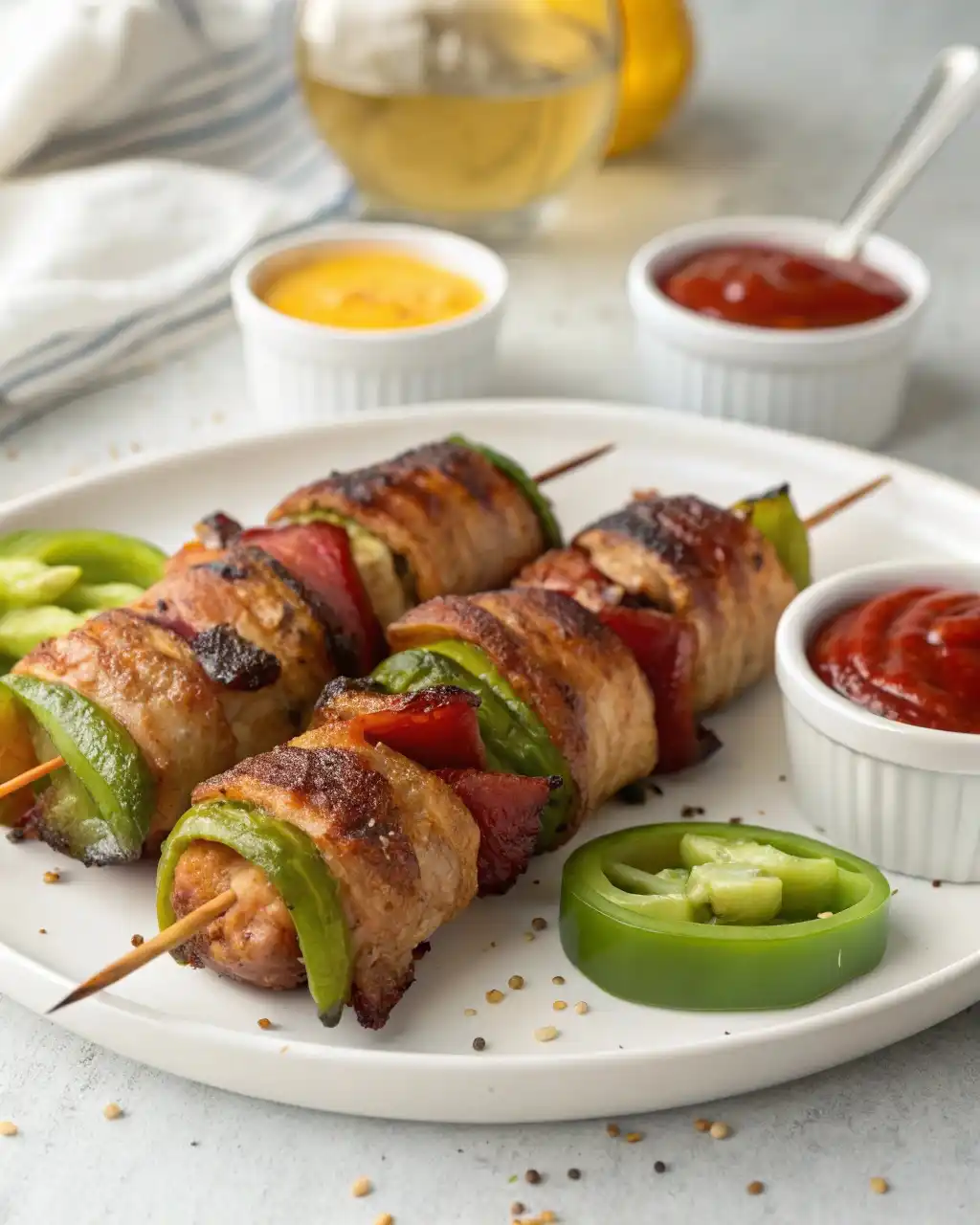 WW2 Wrapped Gator Bites served on skewers with bacon and peppers