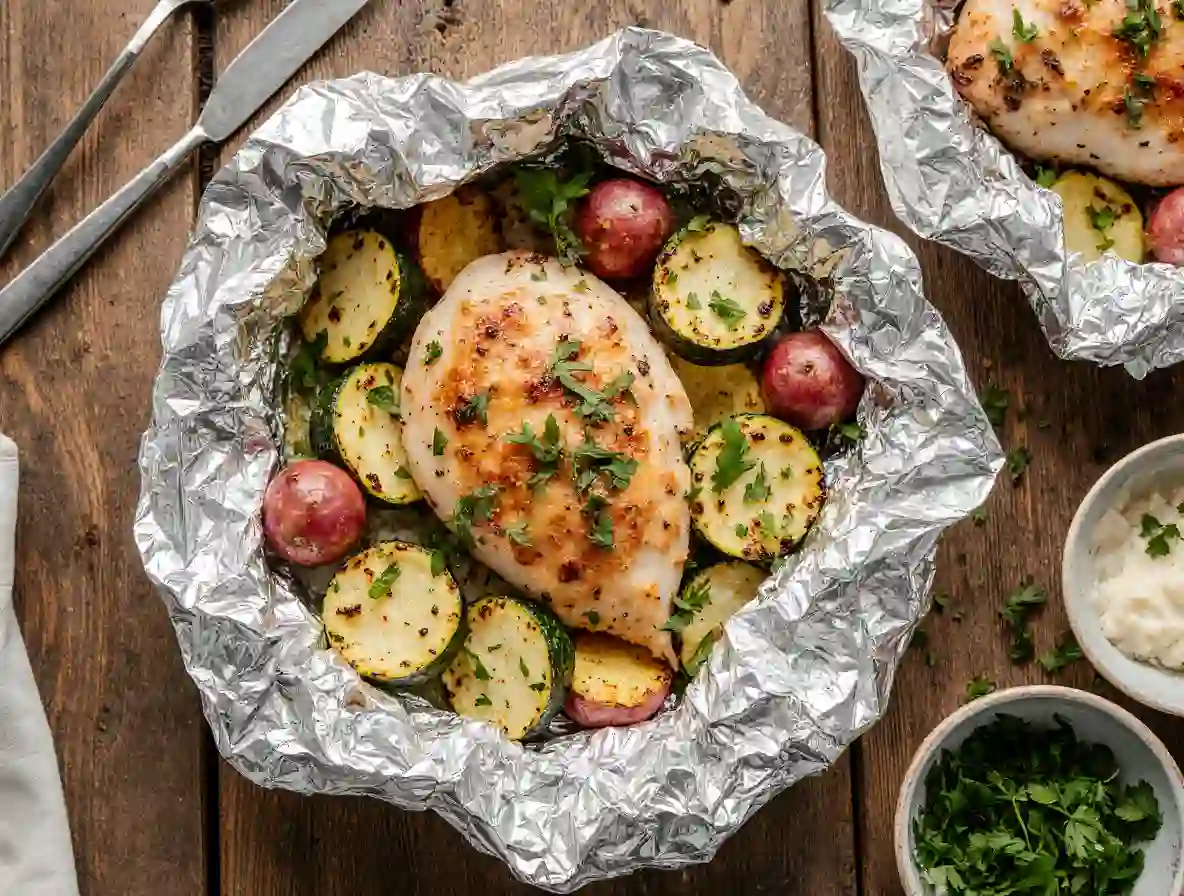 Chicken foil packets with vegetables and herbs