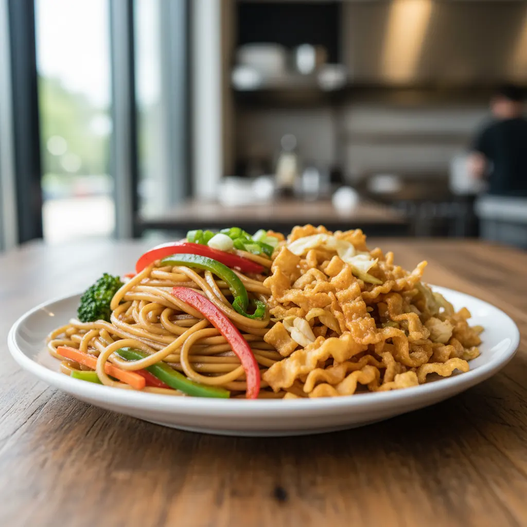 Close-up of lo mein and chow mein noodle textures
