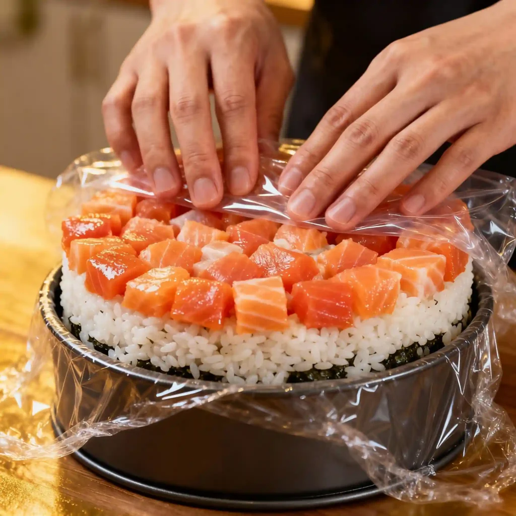 Layering sushi rice and sashimi to make sushi cake inside springform pan