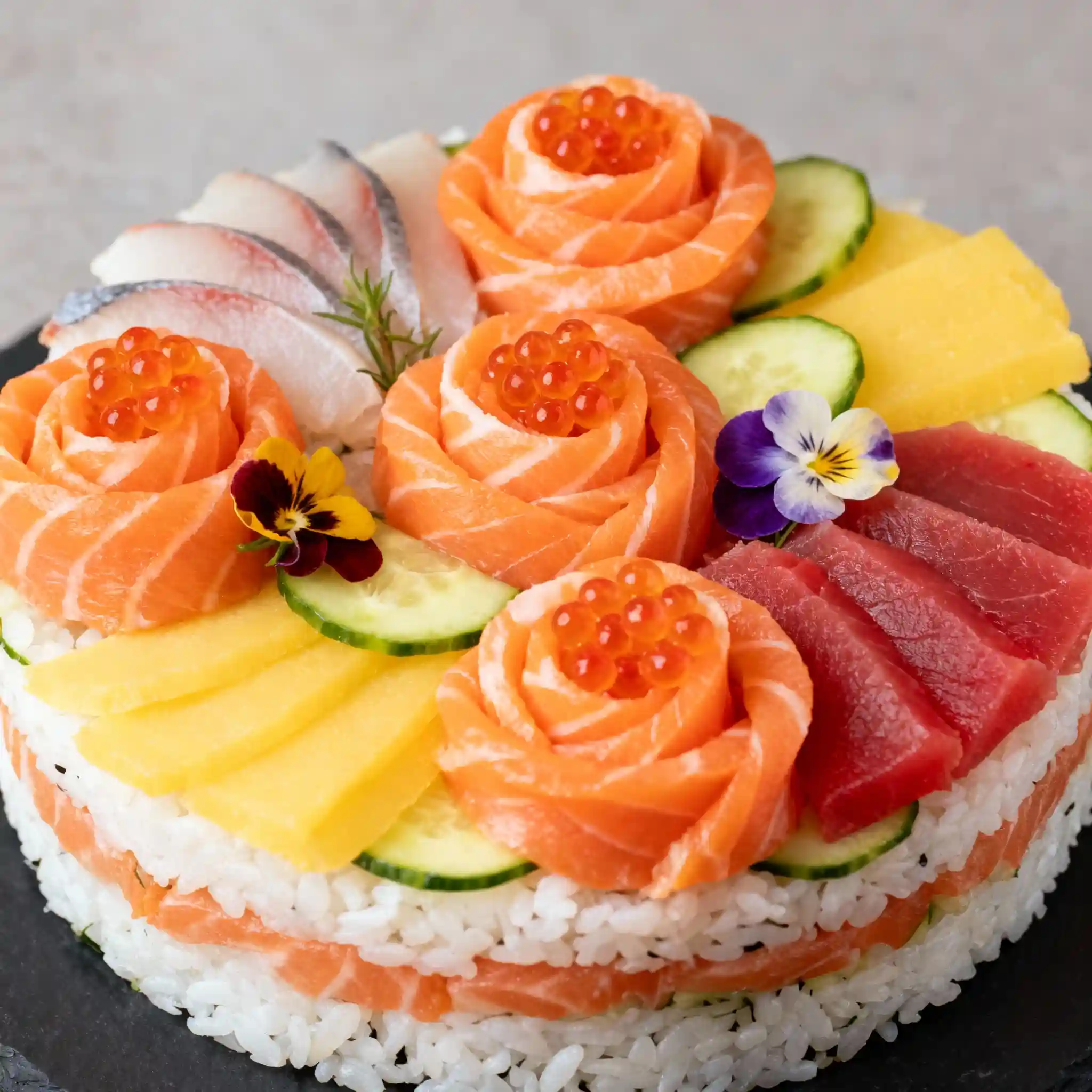 "Fresh salmon, hamachi, and tuna sashimi rosettes on a layered sushi cake