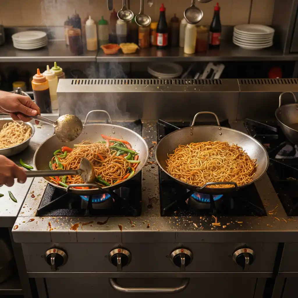 Chow mein and lo mein cooking methods in woks