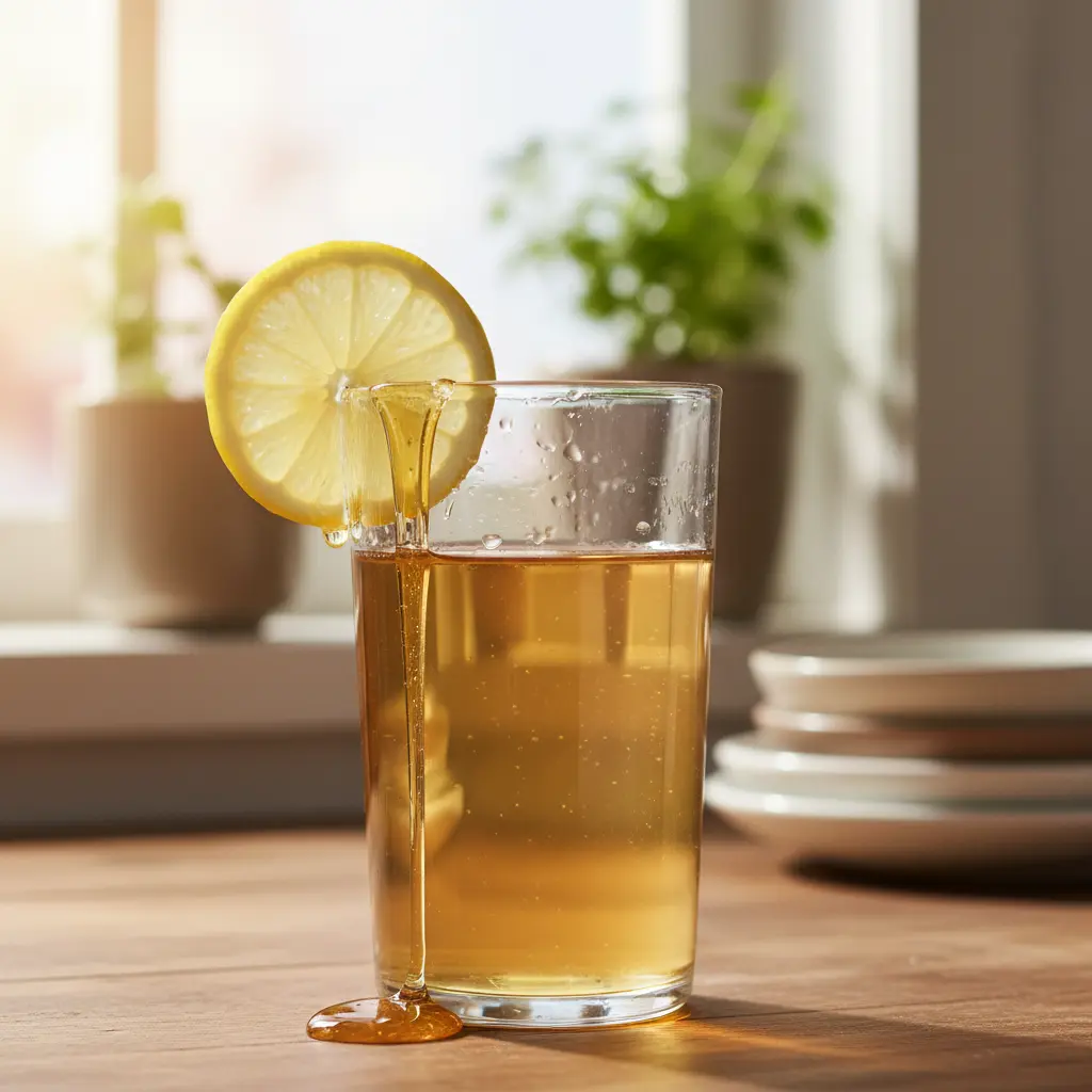 Glass of apple cider vinegar drink with lemon slice and honey drizzle in natural light