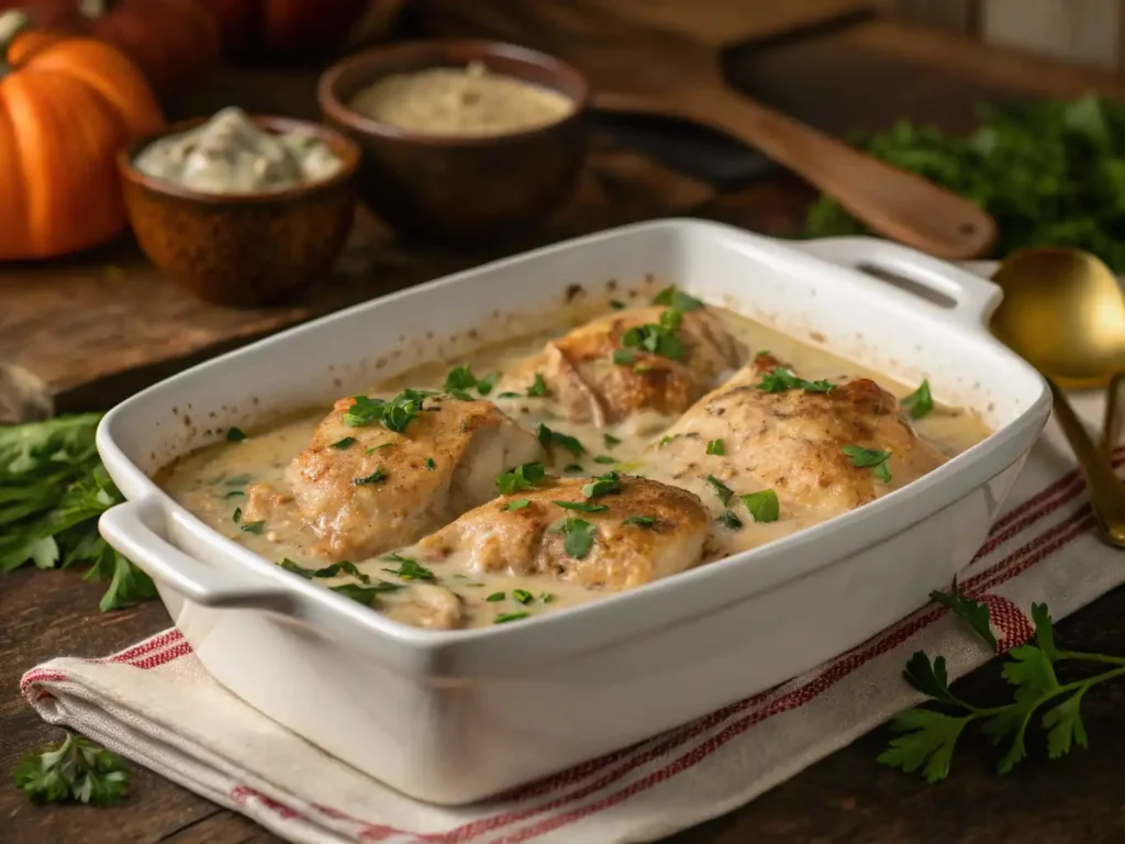 creamy chicken crockpot dinner served in white dish