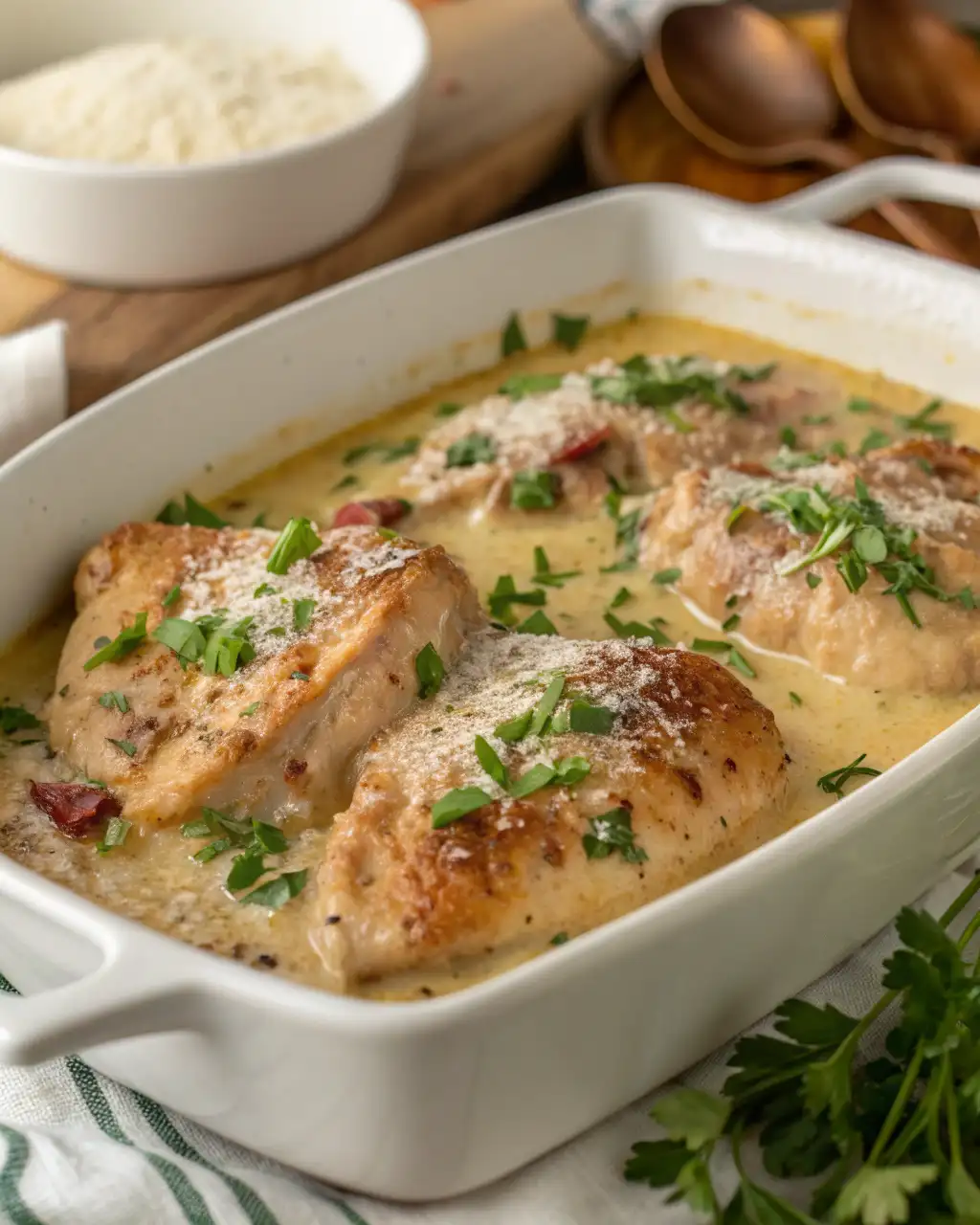 Creamy crockpot chicken in a white dish topped with parsley and parmesan.