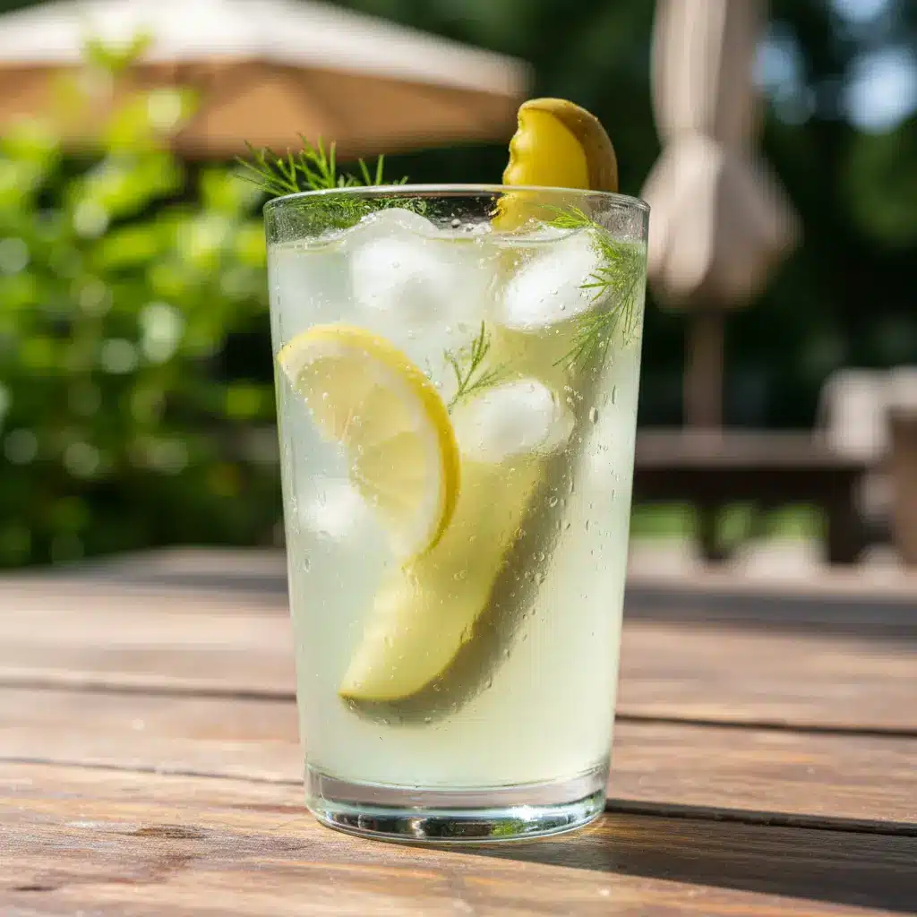 Pickle lemonade in a glass with pickle garnish