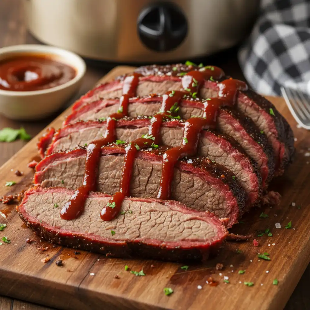 Tender slow cooked beef brisket sliced and drizzled with barbecue sauce on a wooden cutting board