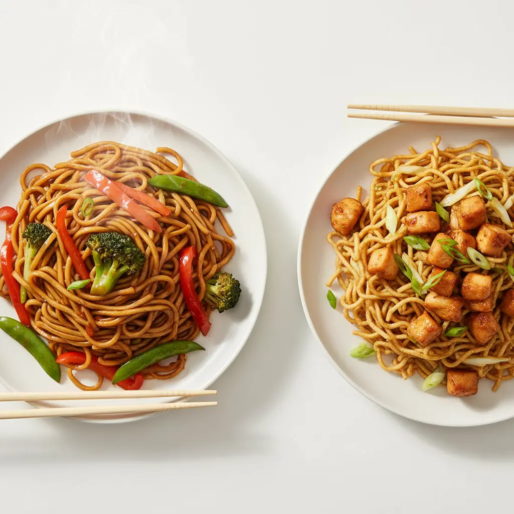 Plated chow mein and lo mein side by side