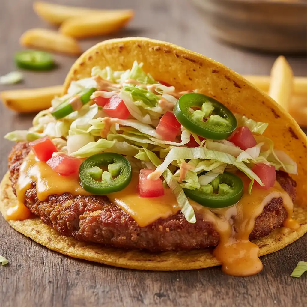 Crispy smash burger taco loaded with cheese and fiesta toppings