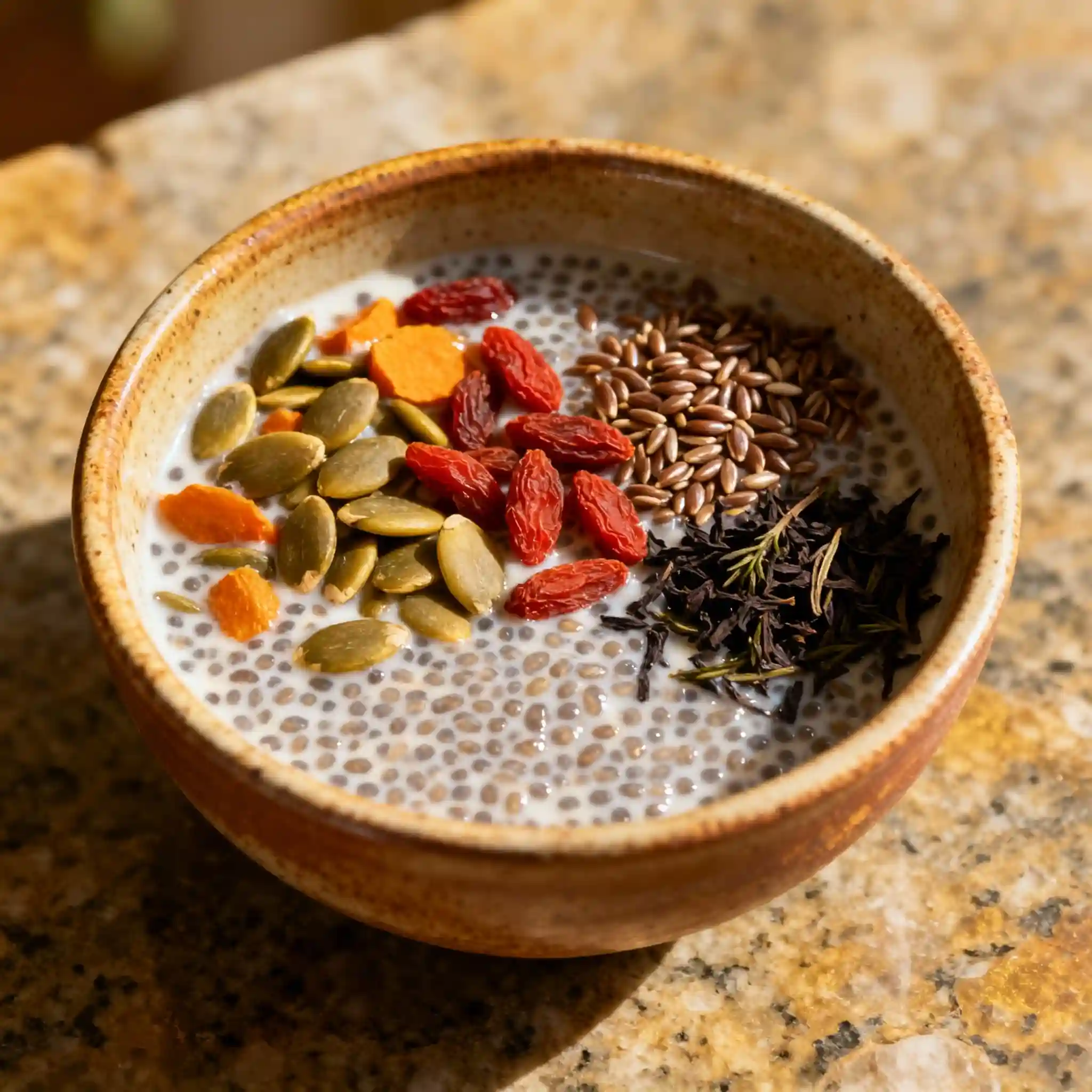 bariatric seed trick chia pudding topped with pumpkin seeds and goji berries