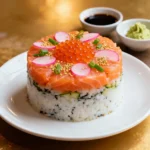 Finished sushi cake topped with salmon roe, radishes, and scallions