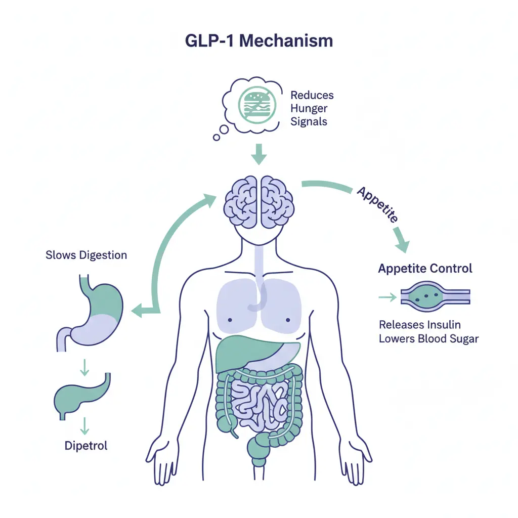 Medical infographic showing how GLP-1 weight loss drugs regulate hunger, blood sugar, and metabolism.