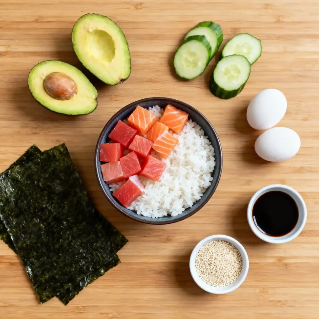 Ingredients for sushi cake recipe including rice, salmon, avocado, and nori
