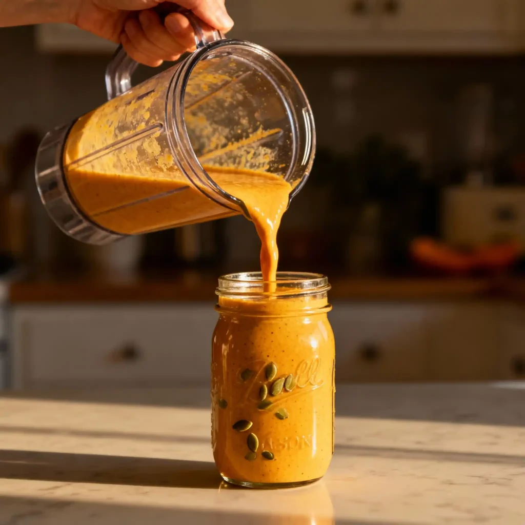 Pouring bariatric seed smoothie into jar