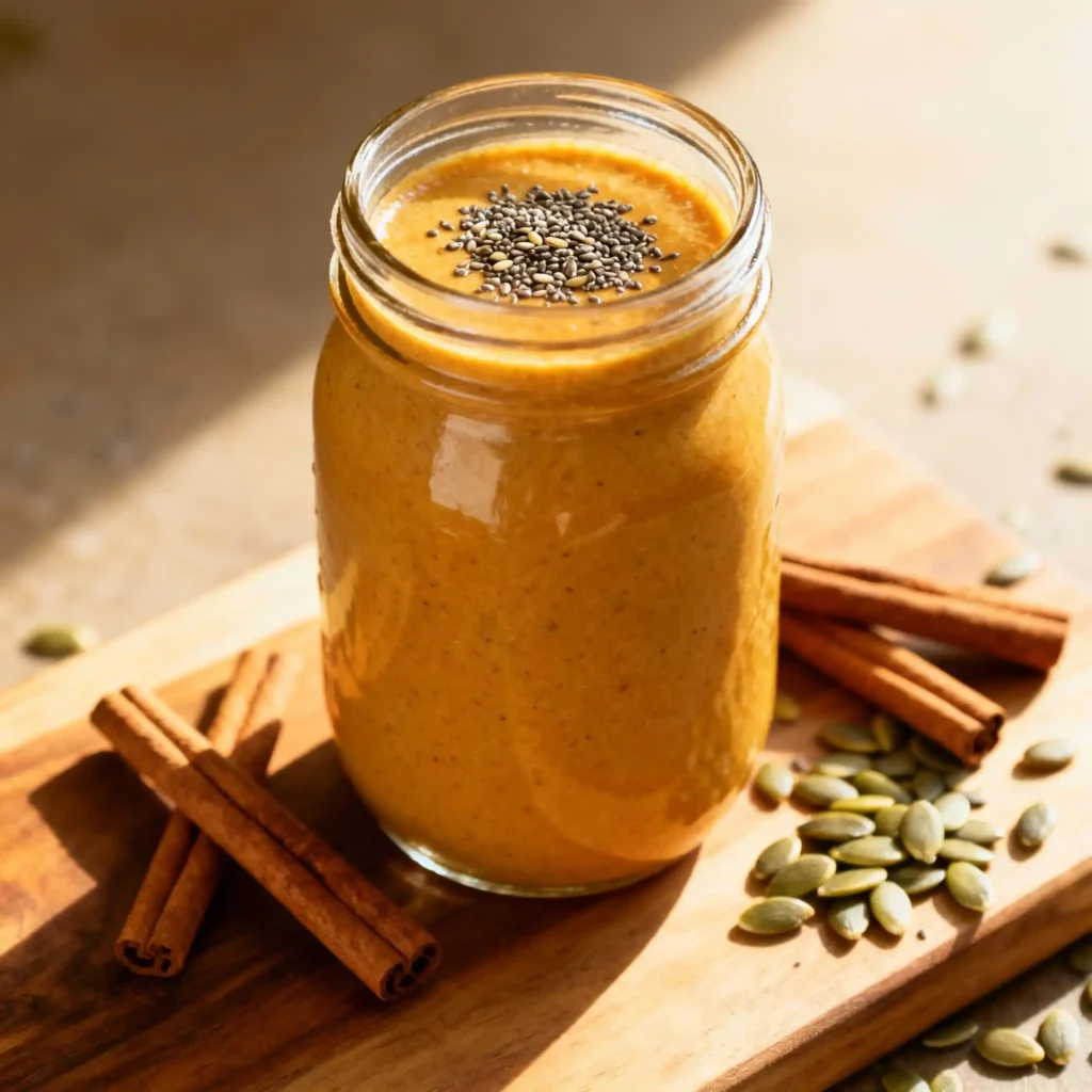 Served bariatric pumpkin seed smoothie in a jar