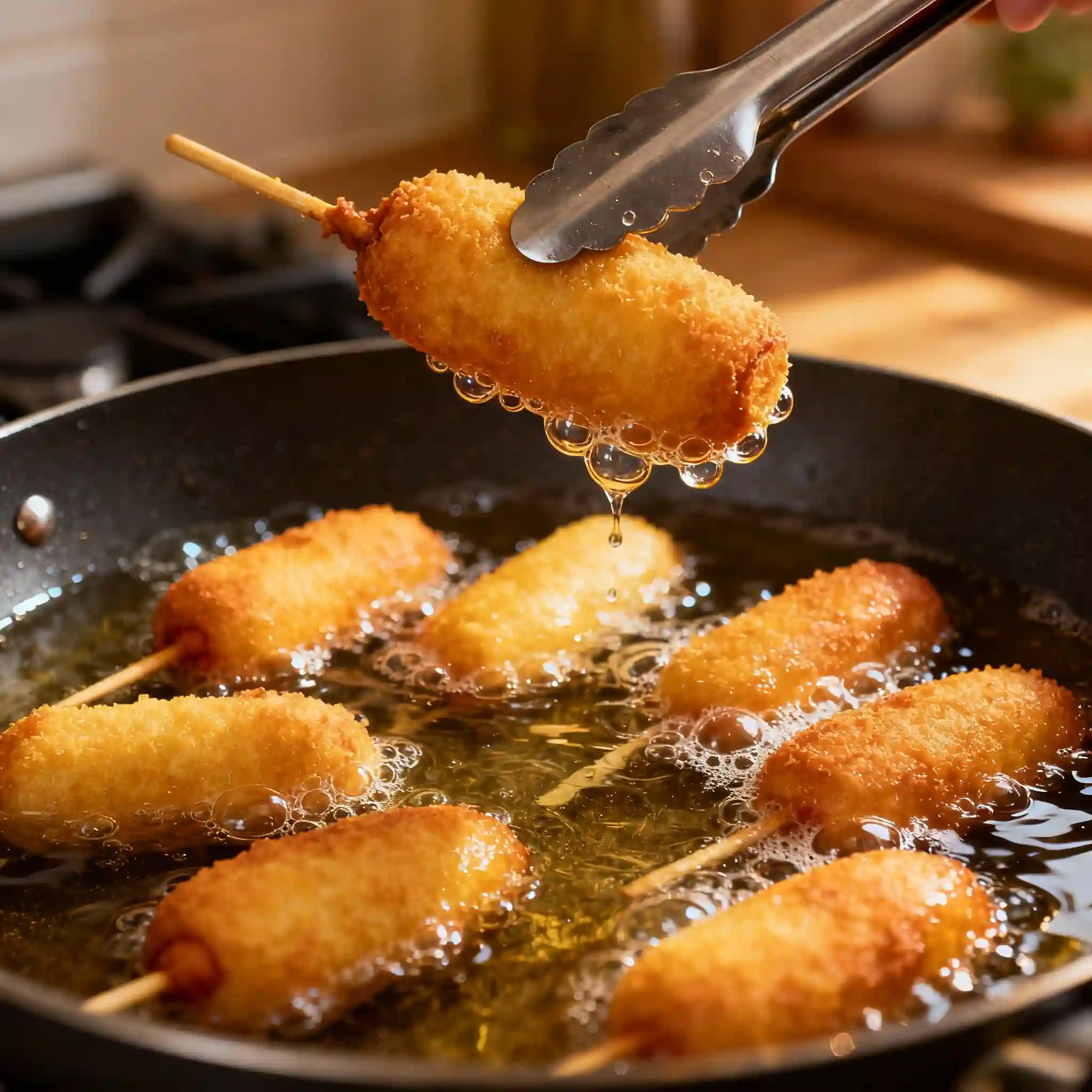 Close-up of homemade mini corn dogs frying in hot oil with golden crust