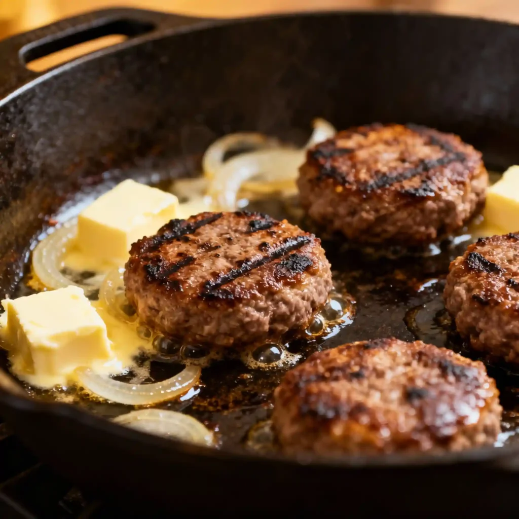  "Cooking slider patties for Big Mouth Bites in a skillet"