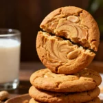 Macro close-up of a small stack of freshly baked peanut butter cookies; the top cookie is split in half showing a soft, chewy texture inside. Warm, golden tones, gentle backlight highlighting the cookie crumb. Homey background with a glass of milk.
