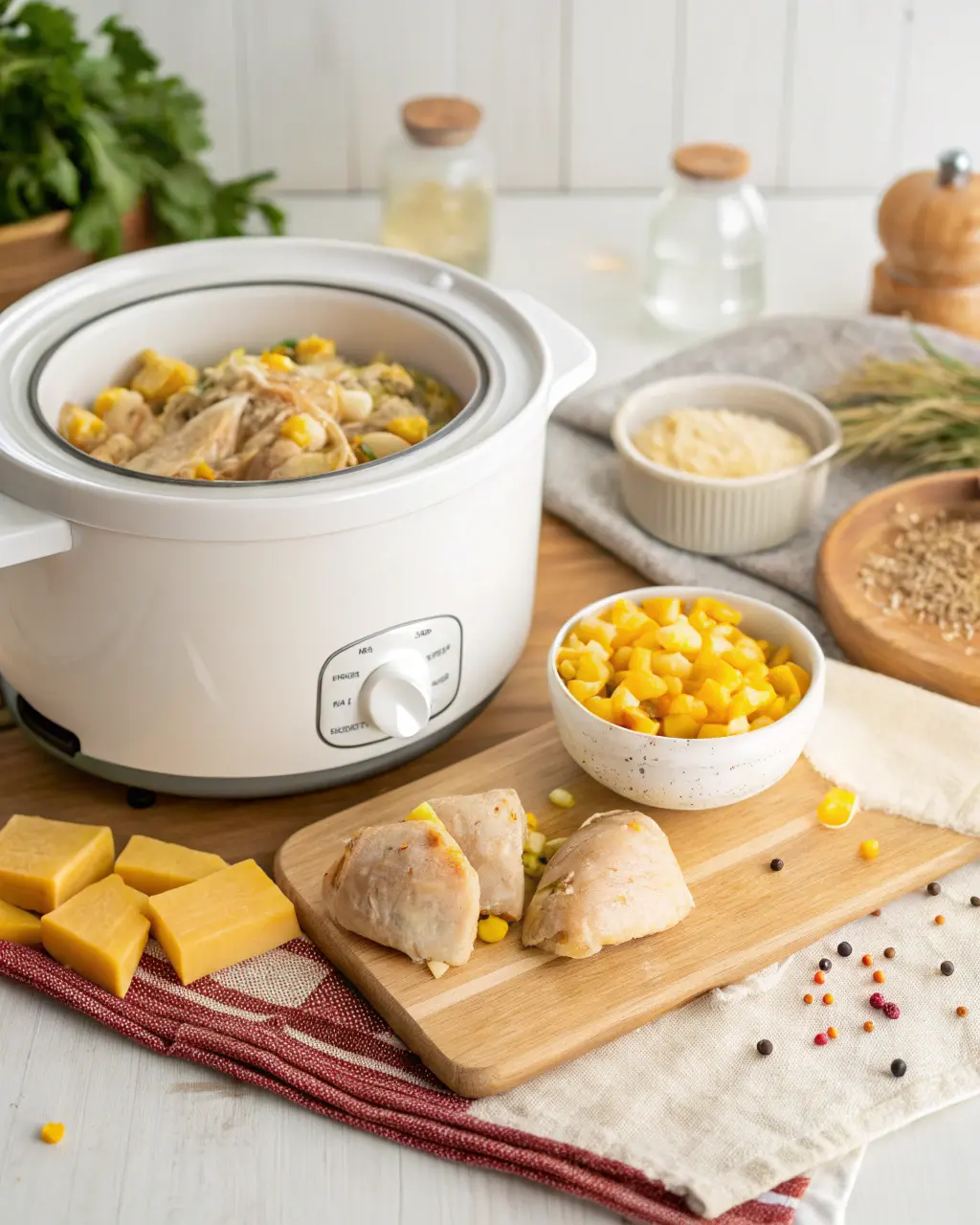 Slow Cooker Street Corn Chicken in rustic kitchen