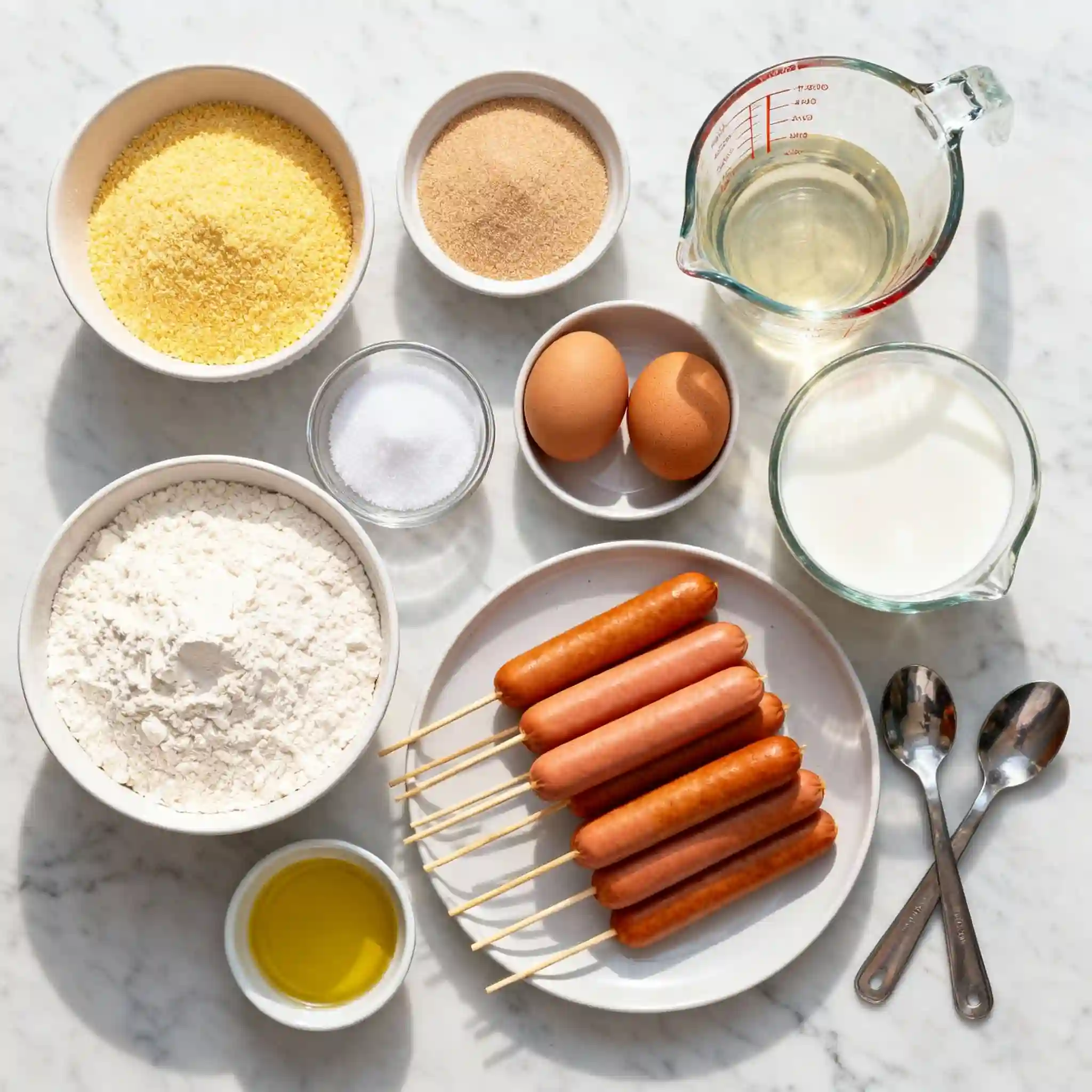 Flat lay of ingredients for homemade mini corn dogs including cornmeal, flour, eggs, milk, and hot dogs