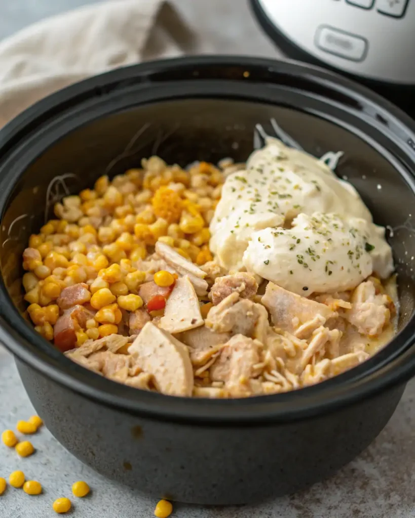 Chicken, corn, and cream cheese cooking in slow cooker