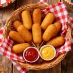 Basket of homemade mini corn dogs with dipping sauces on rustic wooden table