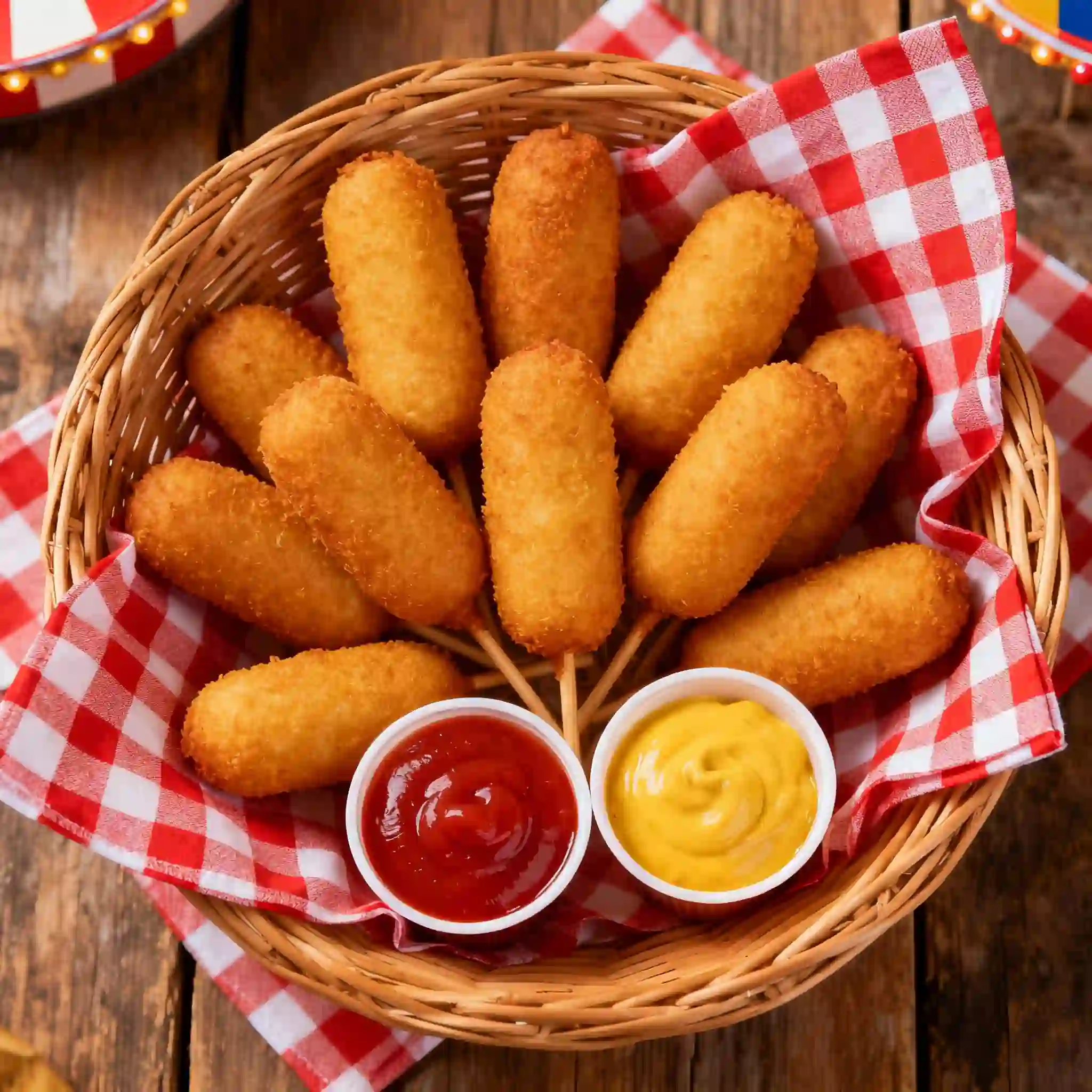 Basket of homemade mini corn dogs with dipping sauces on rustic wooden table