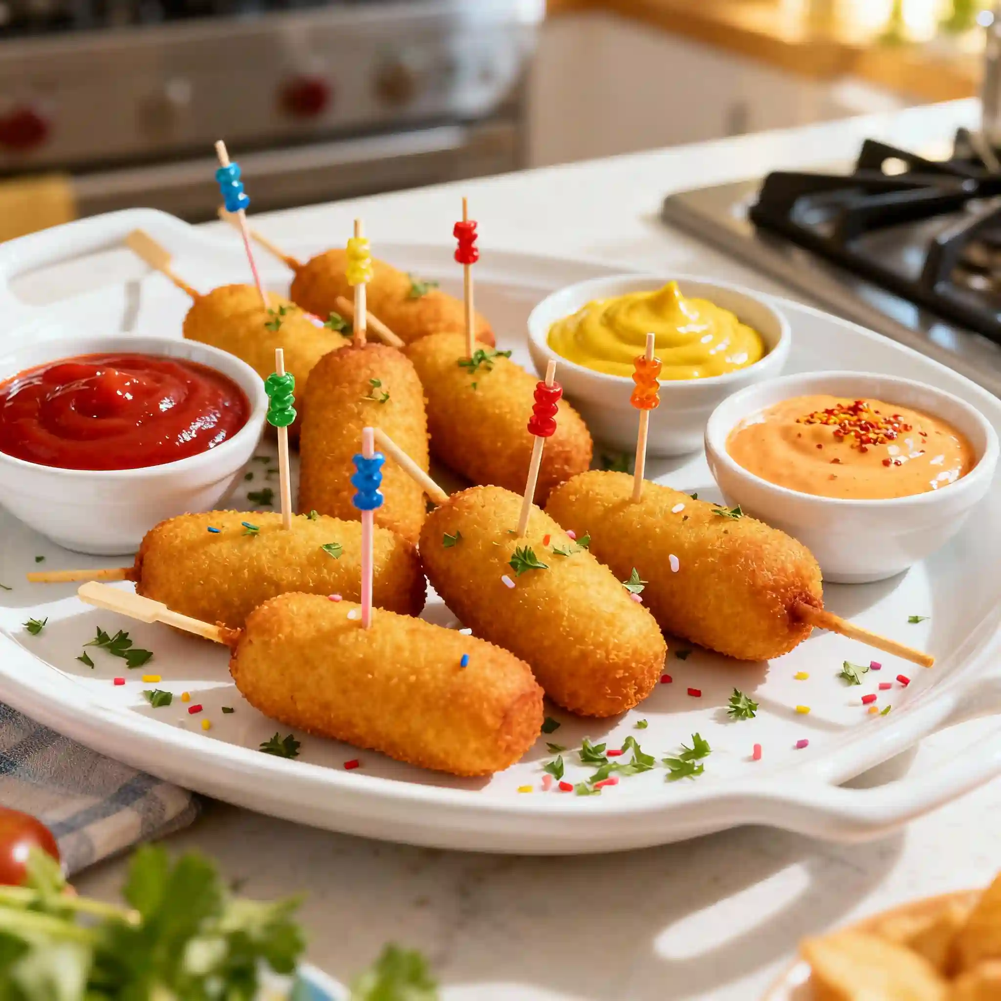 Homemade mini corn dogs served on a plate with ketchup, mustard, and spicy mayo dips