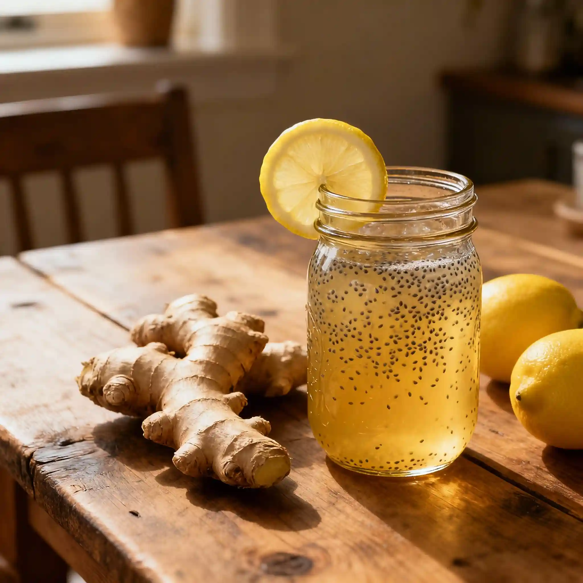 Zepbound natural recipe with chia, lemon, and ginger on rustic table