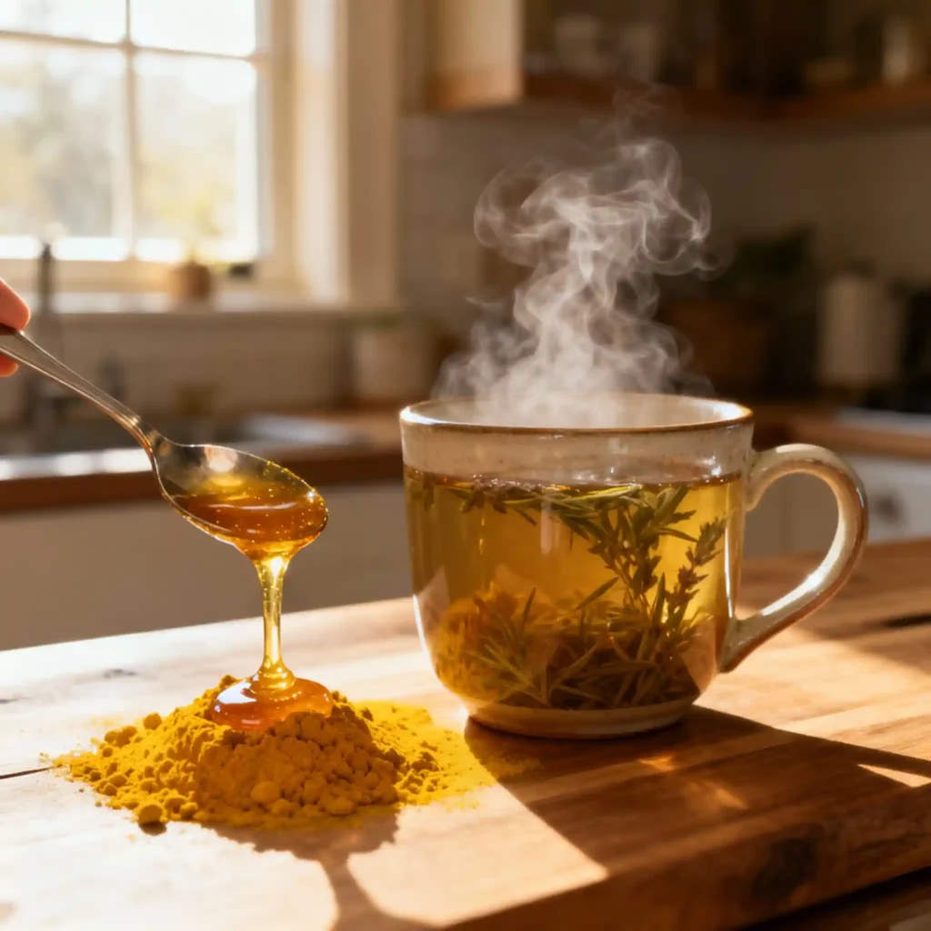 Serving homemade honey turmeric memory mix with tea