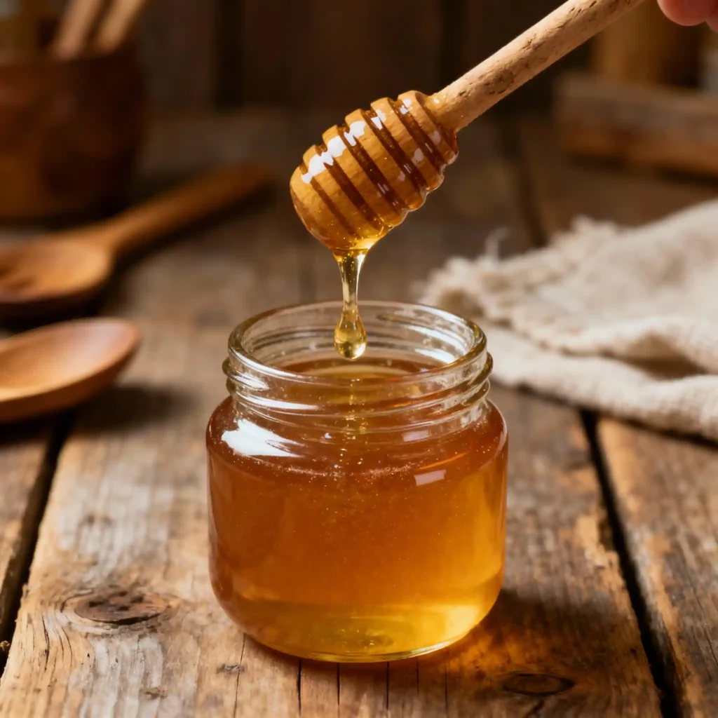 honey dipper dripping into jar in rustic kitchen