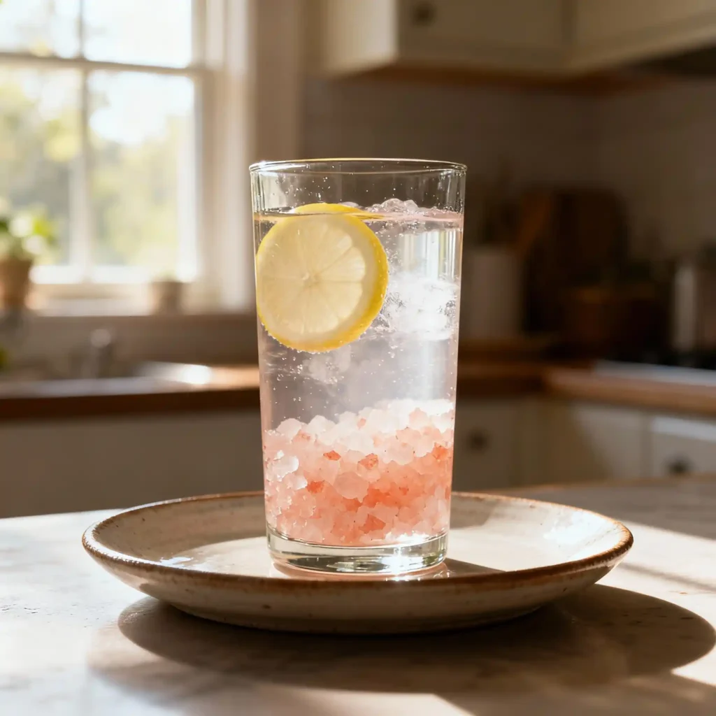 Full glass of homemade pink salt lemon water ready to drink