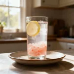 Full glass of homemade pink salt lemon water ready to drink