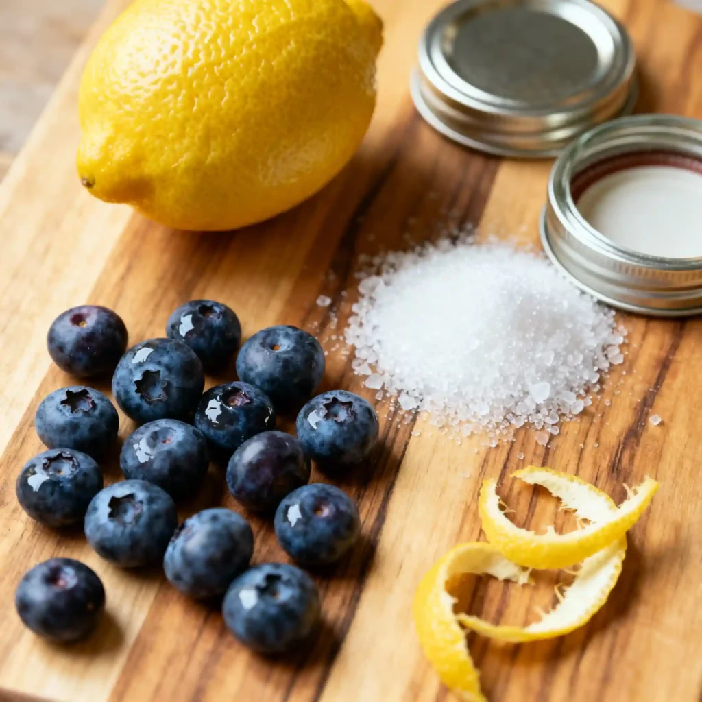 Close-up ingredients for canning blueberry jam
