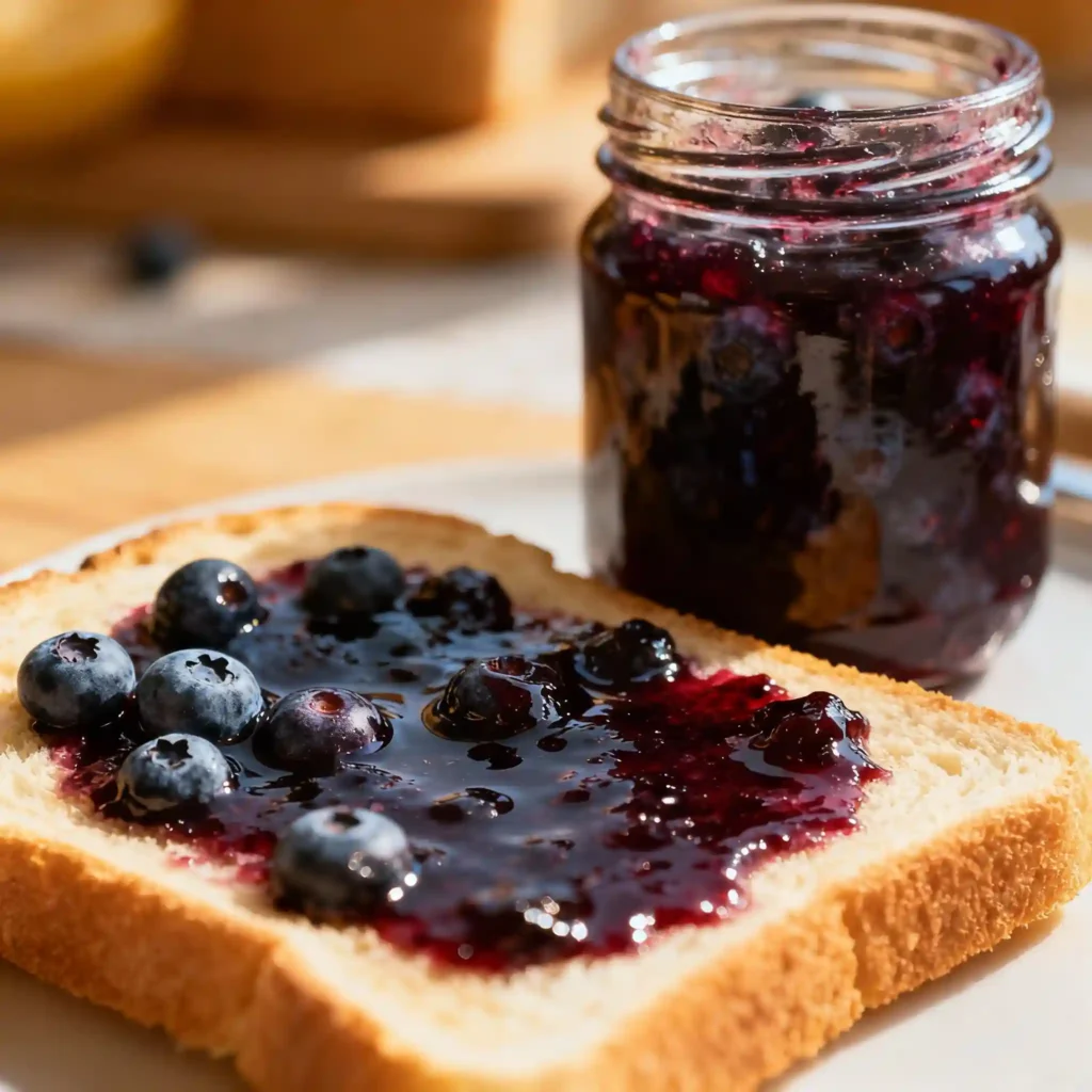 Close-up toast with homemade blueberry jam