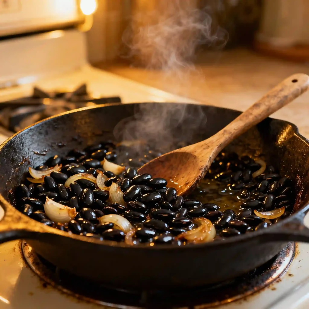 Sautéed black beans close-up for tacos