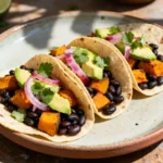 Homemade squash and bean tacos close-up