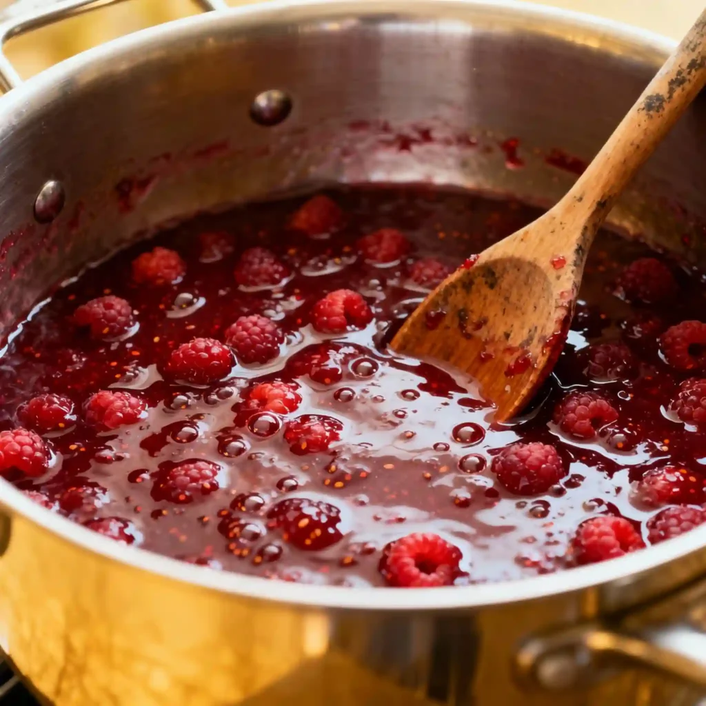 Raspberry jam cooking in pot with thick texture
