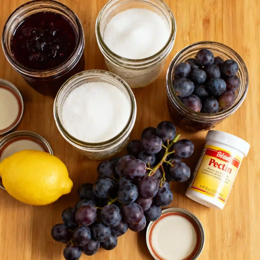 Close-up of homemade grape jelly ingredients on wooden surface