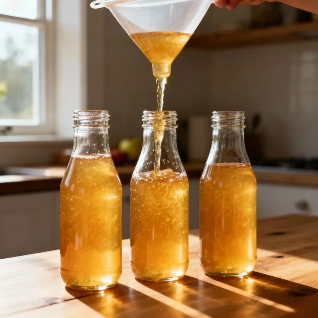 Pouring Homemade Apple Jelly into Glass Bottles